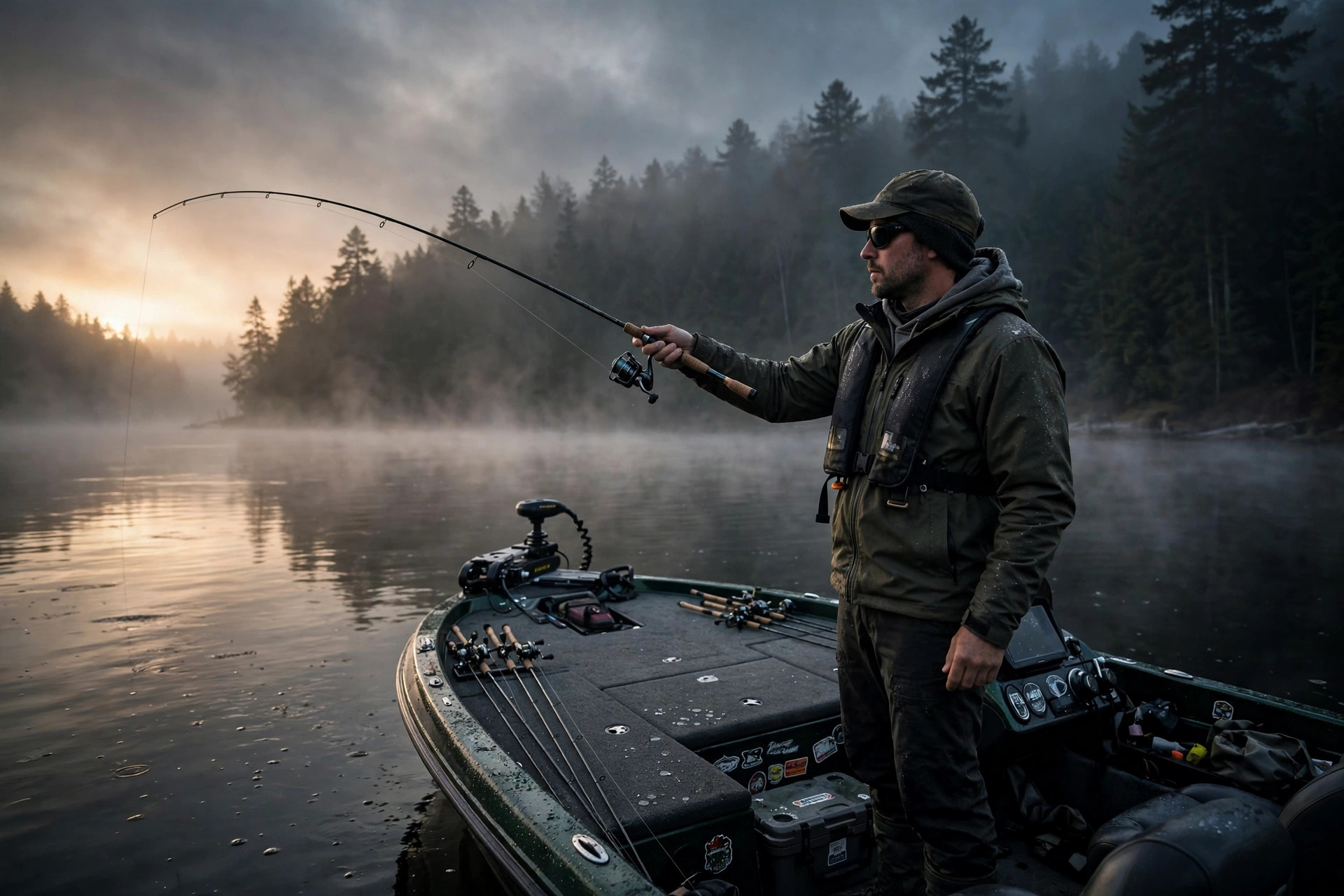 Anglers on the water at sunset