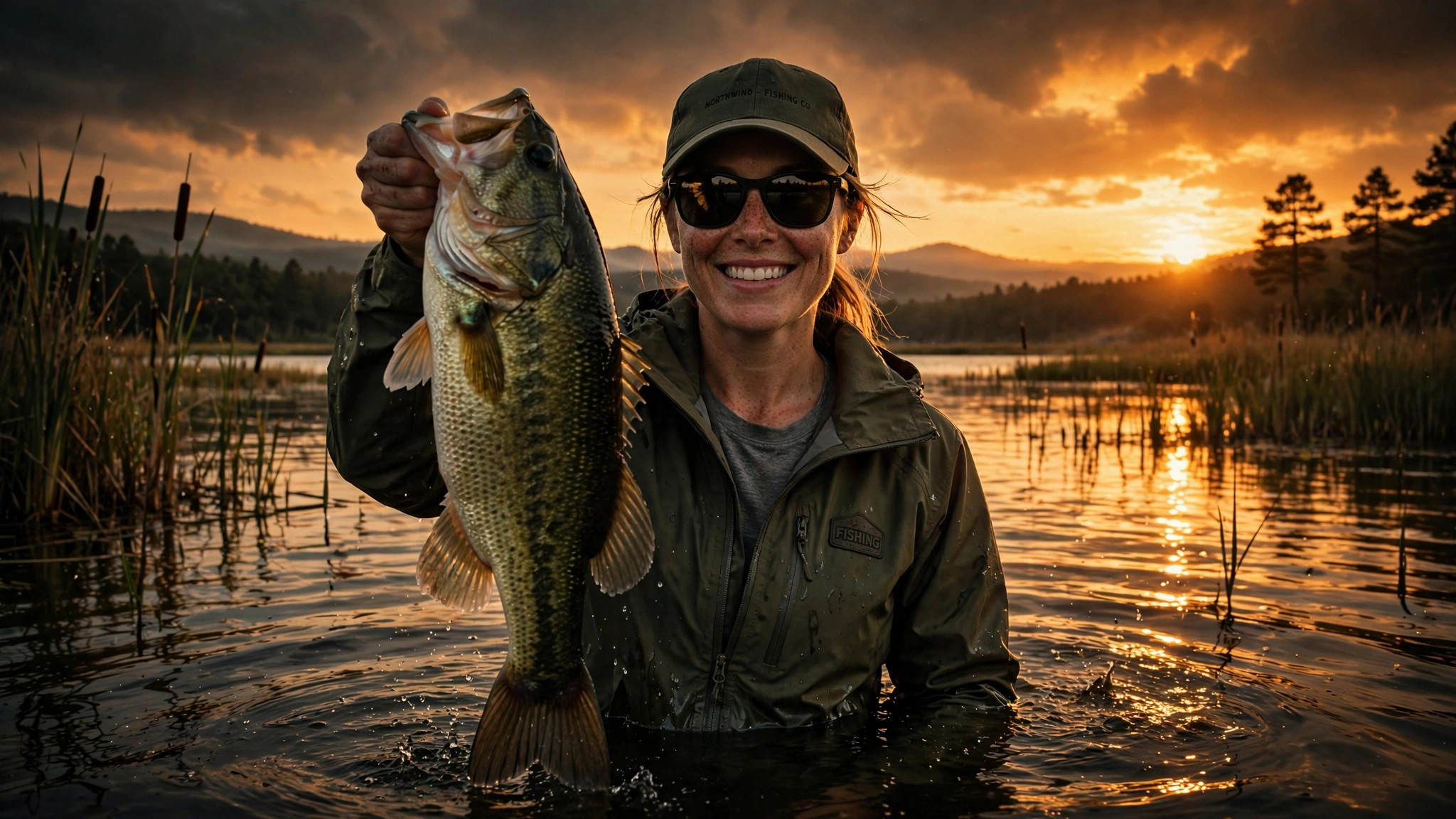Angler holding a largemouth bass at sunset