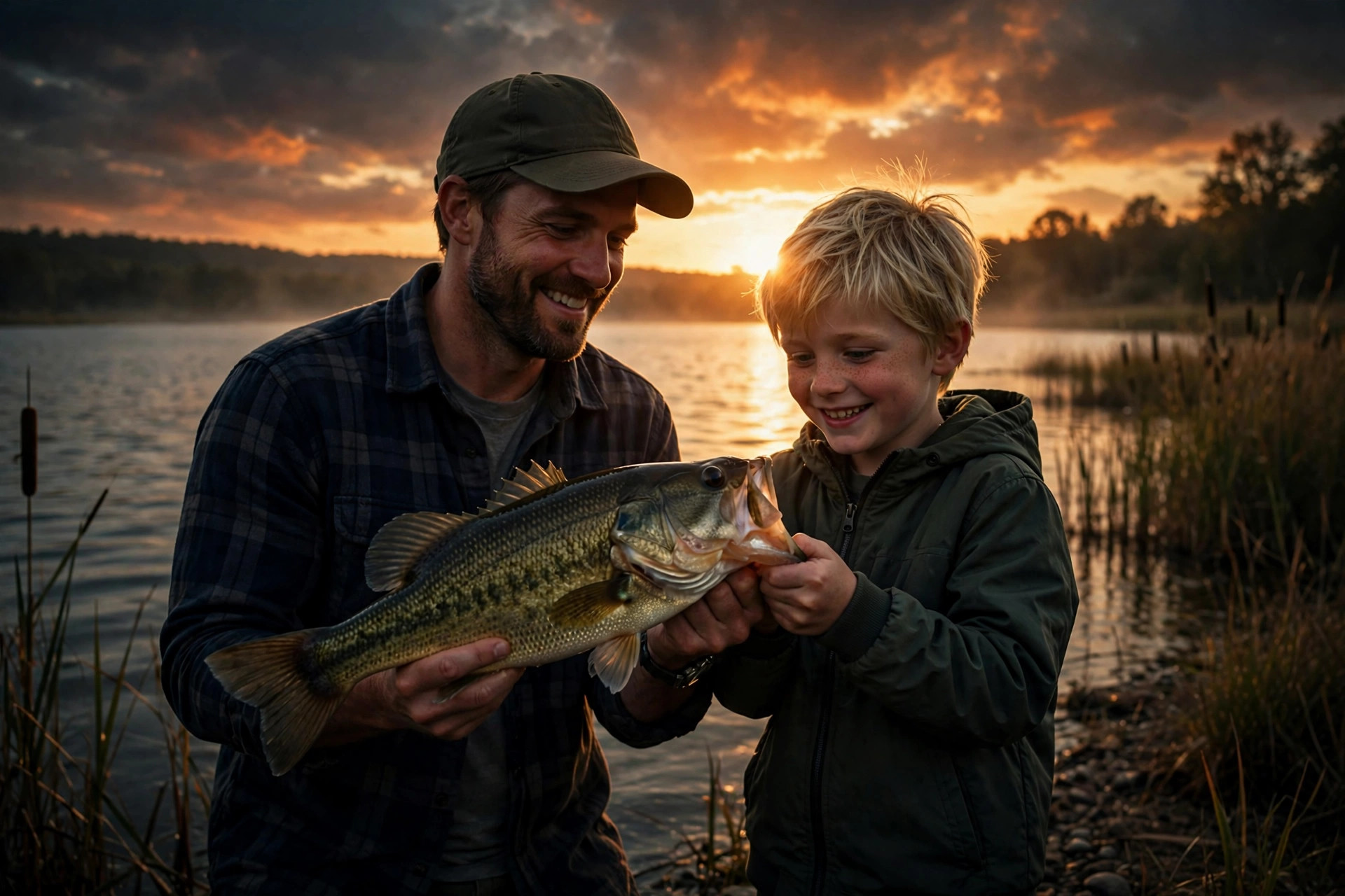Tournament organizer with anglers at sunrise