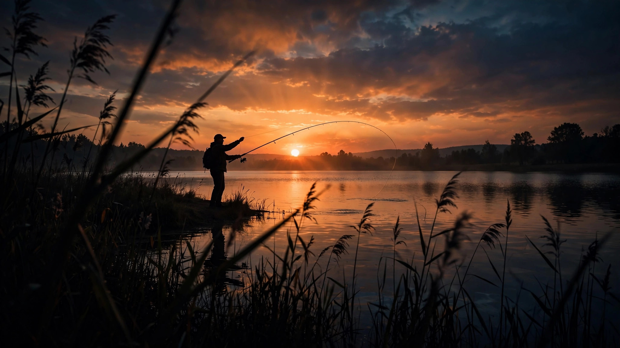 Silhouetted angler casting at sunset